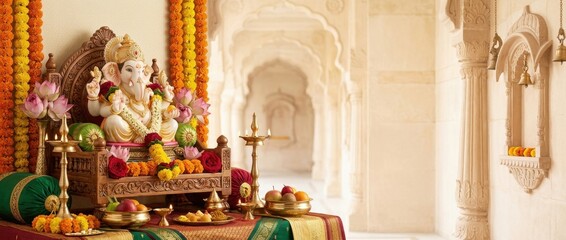 Obraz premium Decorated Ganesha idol on wooden throne during Indian religious holiday festival