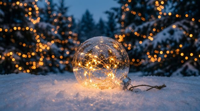 A glowing transparent christmas ornament sitting on snow with bokeh lights in the background