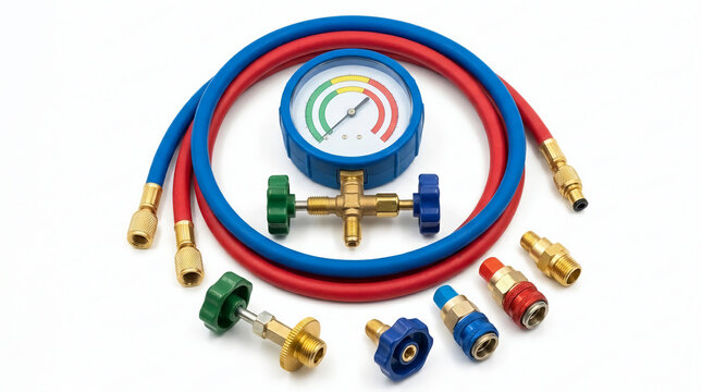 Professional HVAC manifold gauge set with red and blue charging hoses and adapter fittings isolated on a white background