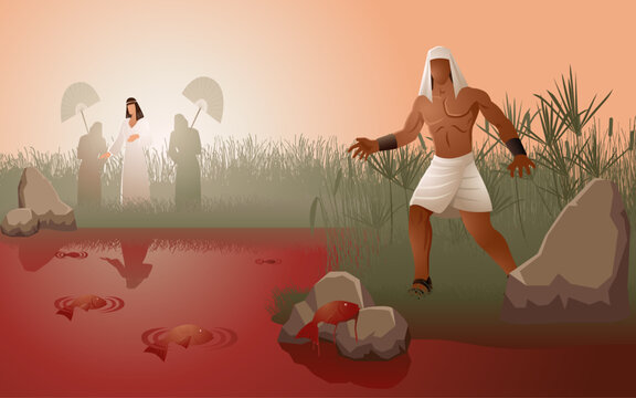 Biblical vector illustration series in neutral colors, the ten plagues of Egypt, first plague, water turned to blood
