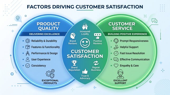 Customer satisfaction infographic illustrating factors driving brand loyalty through exceptional product quality and excellent service support.