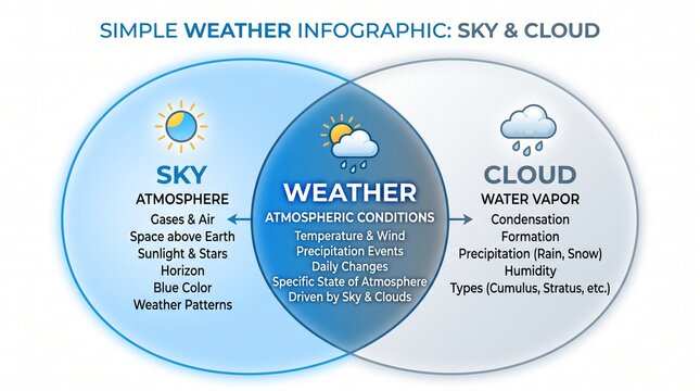 Weather infographic diagram featuring intersecting circles explaining atmospheric conditions, sky elements, and cloud formation processes.