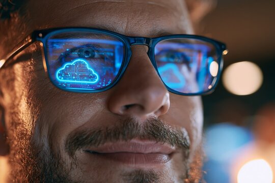 Close-up of businessman with a cloud icon reflected in eyeglasses