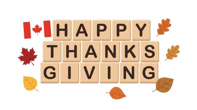 Happy Thanksgiving text spelled on wooden scrabble tile blocks with maple leaf accents vector background
