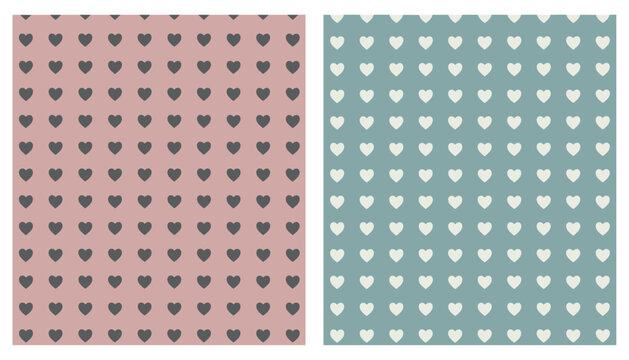 Two seamless vector pattern tiles featuring rows of small hearts in pink and muted blue-gray color schemes.