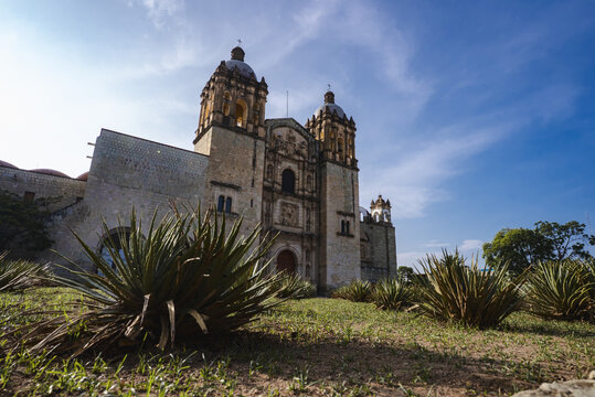 View of the Church of Santo Domingo de Guzman with its ornate stone facade and agave plants in the foreground in Oaxaca de Juarez, Oaxaca, Mexico.