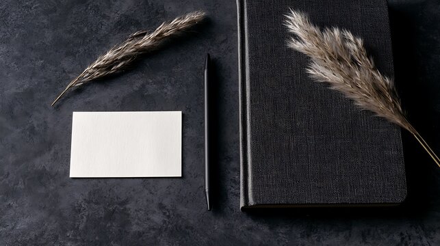 black book, notepad, pen and dried flowers on dark background