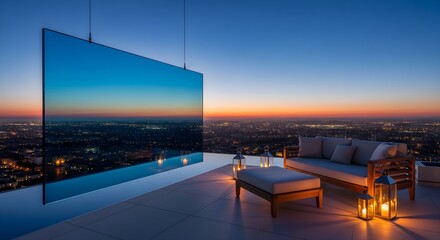 Fototapeta premium Luxury infinity pool terrace at sunset with panoramic city skyline view and lounge furniture