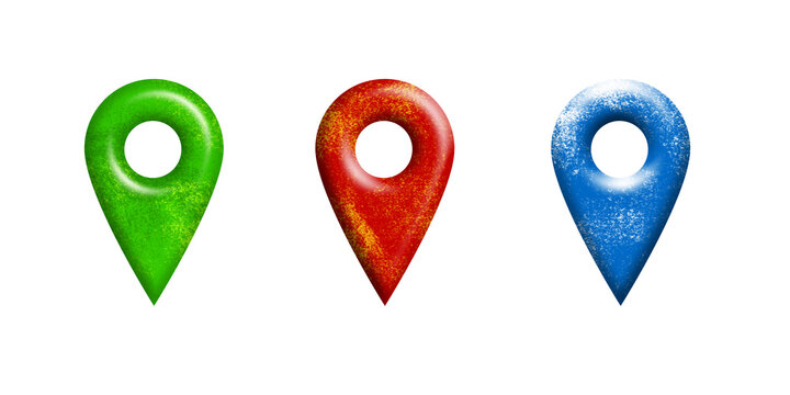 Set of colorful map pin location markers isolated on transparent background, green red blue navigation pointer icons