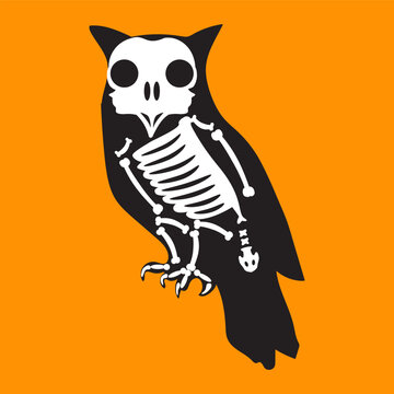Black silhouette eagle owl animal body, fairy tale Halloween character in X-ray radiation. Creepy shadow outline of nocturnal predator scarecrow. Black and white vector isolated on orange background