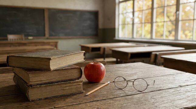 Vintage books and apple on a wooden classroom desk