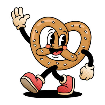 Happy Cartoon Pretzel Mascot Walking With Shoes And Gloves Retro Snack Character Illustration