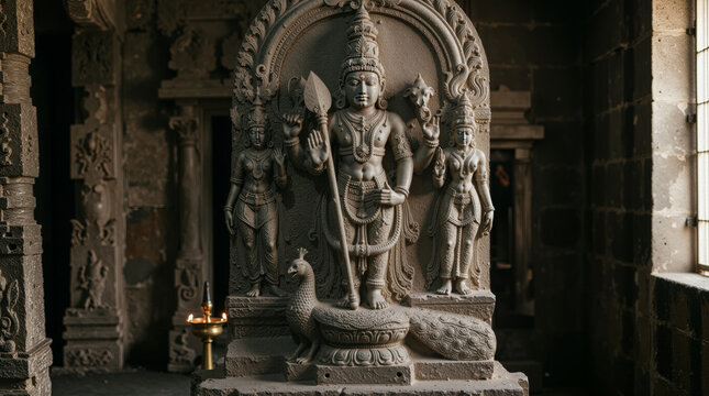 Stone deity sculpture depicting deity Murugan with spear and peacock inside ancient temple