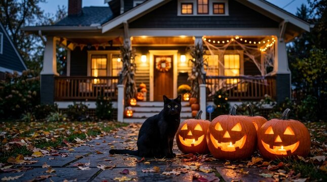 Black Cat Sitting Beside Carved Pumpkins at Halloween Decorated House