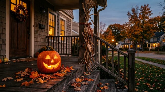 Carved Jack O Lantern on Porch with Autumn Leaves and Corn Stalks