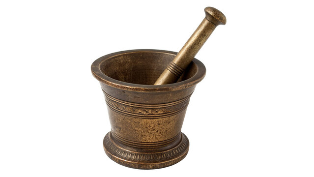 Vintage metallic brass mortar and pestle kitchenware grinding tool isolated on a white background