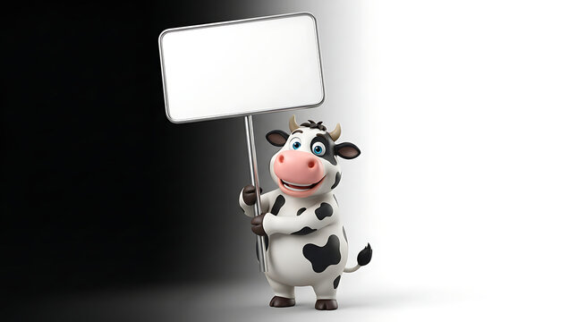 Friendly 3D cartoon spotted cow holding a blank white sign for message or advertisement