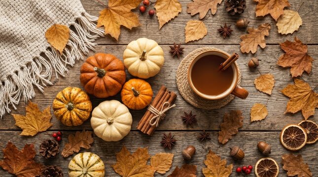 Autumn Harvest Flat Lay with Pumpkins Leaves and Warm Drink