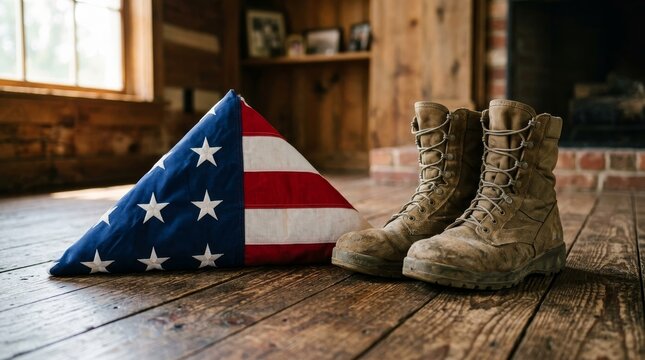 Folded American Flag Beside Worn Military Combat Boots on Wooden Floor