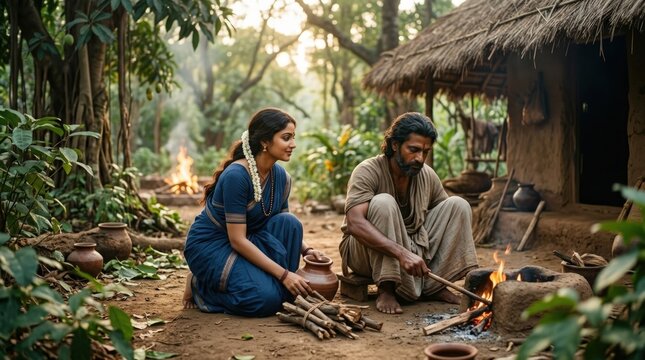 Rural Asian couple sitting outside thatched hut tending campfire in forest setting