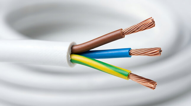 Detailed view of stripped electrical cable with exposed copper wiring for power installation