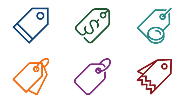 Set of colorful line art price tag and discount icon vector illustrations