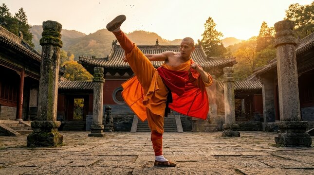 Shaolin monk practicing martial arts at temple
