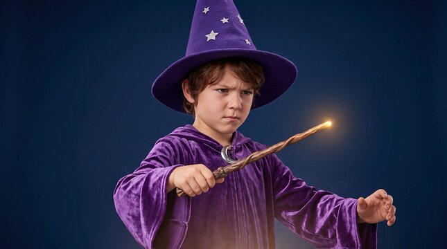 Young boy in purple wizard costume casting spell with glowing magic wand