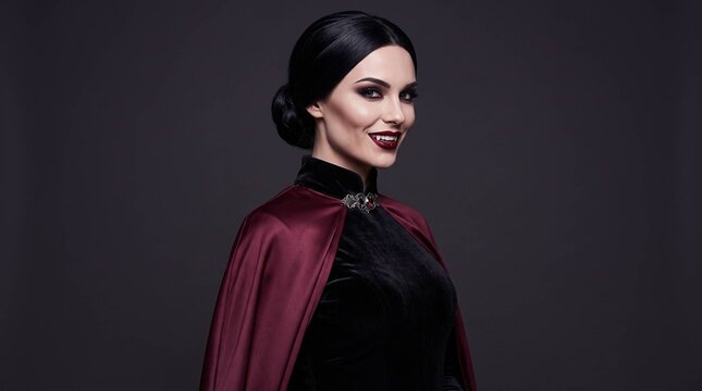 Smiling woman in vampire costume with fangs and dramatic red cape