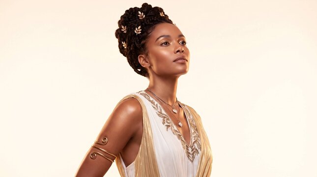 Elegant woman in Greek goddess costume with gold jewelry and braided crown