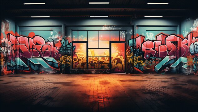 Colorful graffiti mural on an urban wall with bold tags, neon glow and empty floor, expressing street art, rebellion and creative energy.
