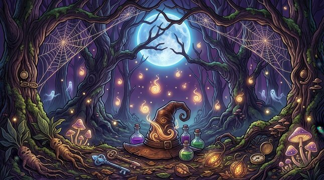 Witch hat and magic potions in enchanted forest