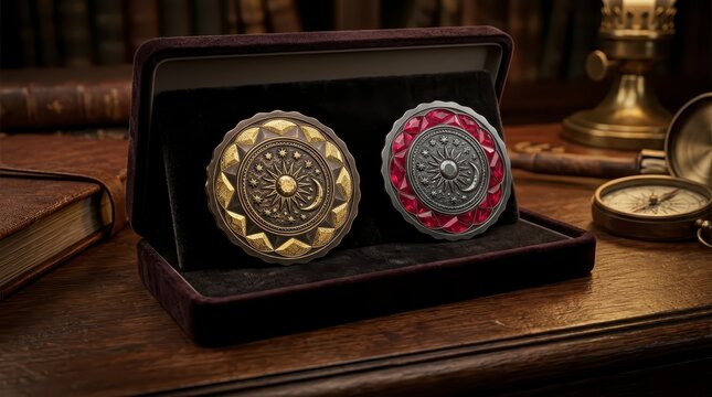 Two ornate celestial medallions in a velvet display box