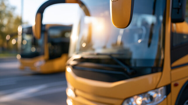 close-up frontal shot of a single empty modern school trip coach bus in bright daylight, children journey safety concept, transportation, vehicle detail, bright, with copy space