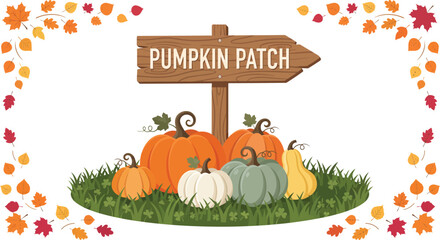 Naklejka premium Rustic Wooden Pumpkin Patch Directional Sign Vector
