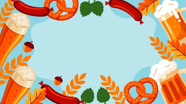 Festive Oktoberfest themed animated background featuring beer mugs, pretzels, sausages, autumn leaves and acorns, with open space for text. Perfect for celebration videos, and seasonal content