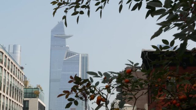 New York City Manhattan Midtown Hudson Yards district towers, United States. Urban skyscraper building architecture. Cityscape of 10 tenth avenue street from high line park. Hells Kitchen from Chelsea
