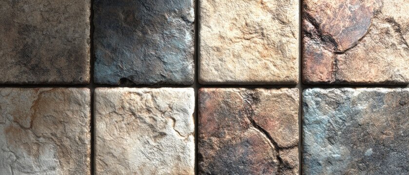 A close-up view of square stone tiles in earth tones arranged in a grid pattern against a textured background.
