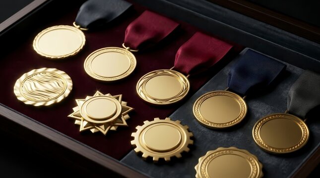 Collection of gold medals in a display case