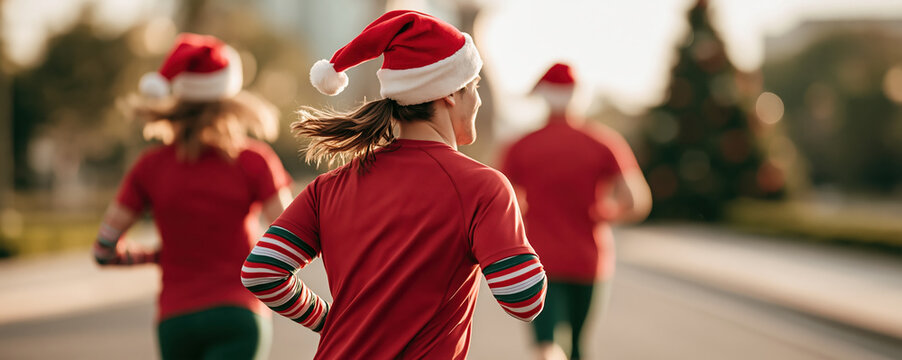 Back view of runners in matching holiday sportswear during festive outdoor workout with joyful energy