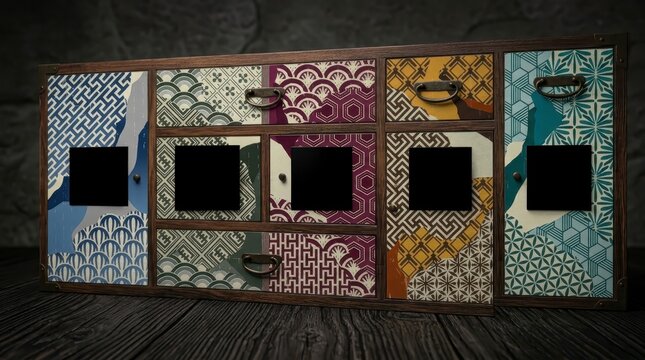 Japanese style wooden cabinet with patterned drawers