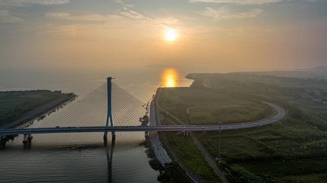 Hefei Feixi Hangbu River Bridge Sunrise Timelapse: Cable-Stayed Span Over Water with Golden Dawn Reflections