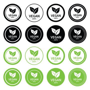 Vegan product labels set black and green vegetarian icons