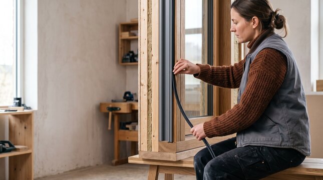 Craft worker sets a compression gasket at window jamb