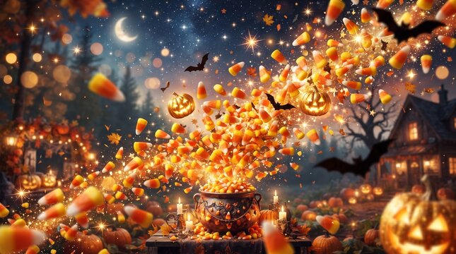 A candy corn explosion with pieces flying in the air, stars, sparkles, pumpkins, and bats, dynamic festive composition, 8k.