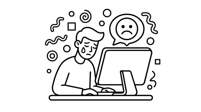 Sad person crying at computer screen with a frowny face in speech bubble, abstract shapes around