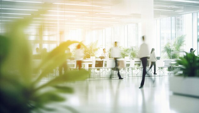 Bright modern office interior with desk, chair, glass wall, and indoor plant, conveying green workplace, productivity, and healthy corporate space.