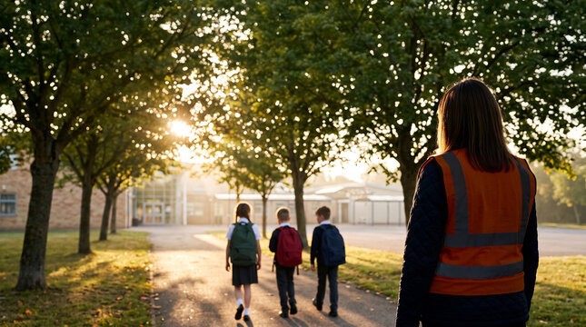 Volunteer watches children continue to school safely