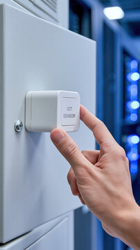 Hand placing white square sensor on electrical cabinet in server room