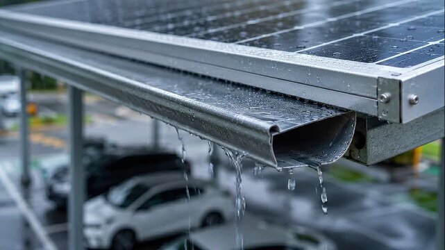 Solar carport rainwater drainage metal gutter roof panel parking shelter with water drip above parked car structure